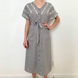 Grey midi dress with floral embroidery